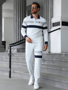 Manfinity CasualCool 男士休闲通勤运动风机车印花撞色条纹长袖Polo衫和长裤套装，春秋季 - 白色 - 查看 4