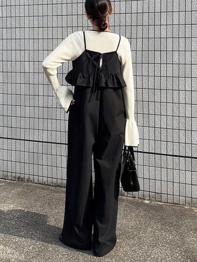 FRIFUL 女士荷叶边下摆纯色露背连体裤，宽松版型，春季款