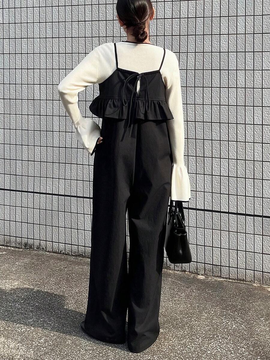 FRIFUL 女士荷叶边下摆纯色露背连体裤，宽松版型，春季款 - 黑色 - 查看 1