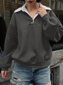 Livesso Áo sweatshirt dài tay cổ bẻ phối màu dành cho nữ, kiểu dáng thường ngày, đa năng cho du lịch và giải trí, thích hợp cho mùa thu/đông. - Màu xám đen - Xem 3