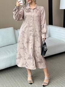 Dazy Plus 大码女式宽松碎花翻领长袖中长连衣裙，春夏吊带裙 - 棕色 - 查看 7