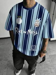 Rick and Morty X SHEIN Men's Casual Striped Cartoon Pattern Round Neck Short Sleeve T-Shirt, Summer - White - View 8