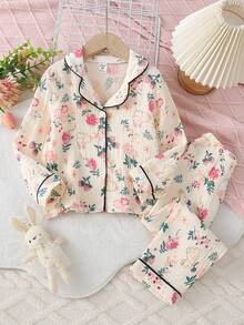 2 件套年轻女孩简约熊印花白色长袖上衣和裤子休闲睡衣套装 - 彩色 - 查看 3