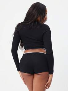 BABYPHAT 罗纹长袖纽扣前襟logo睡衣上衣，撞色滚边细节，舒适睡衣 - 黑色 - 查看 2