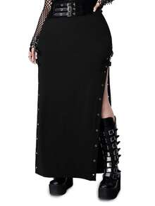 Whyspr Plus Size Women's Solid Color Grommet Buckle High Slit Sexy Punk Style Party Skirt