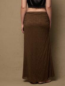 Freevana Plus Size Women Waist Ruched Fishtail Skirt Boho Lace  Brown Skirt  Elegant - Coffee Brown - View 4