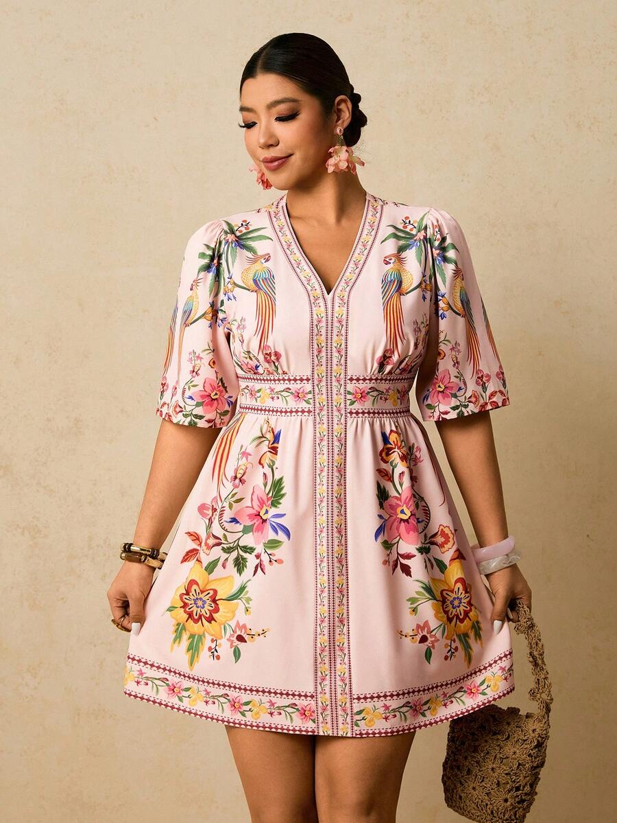 Travachic Plus Size Women V-Neck Short Sleeve Fitted Mini Dress, Pink Floral Print Dress, Romantic Holiday Island Vacation Dress