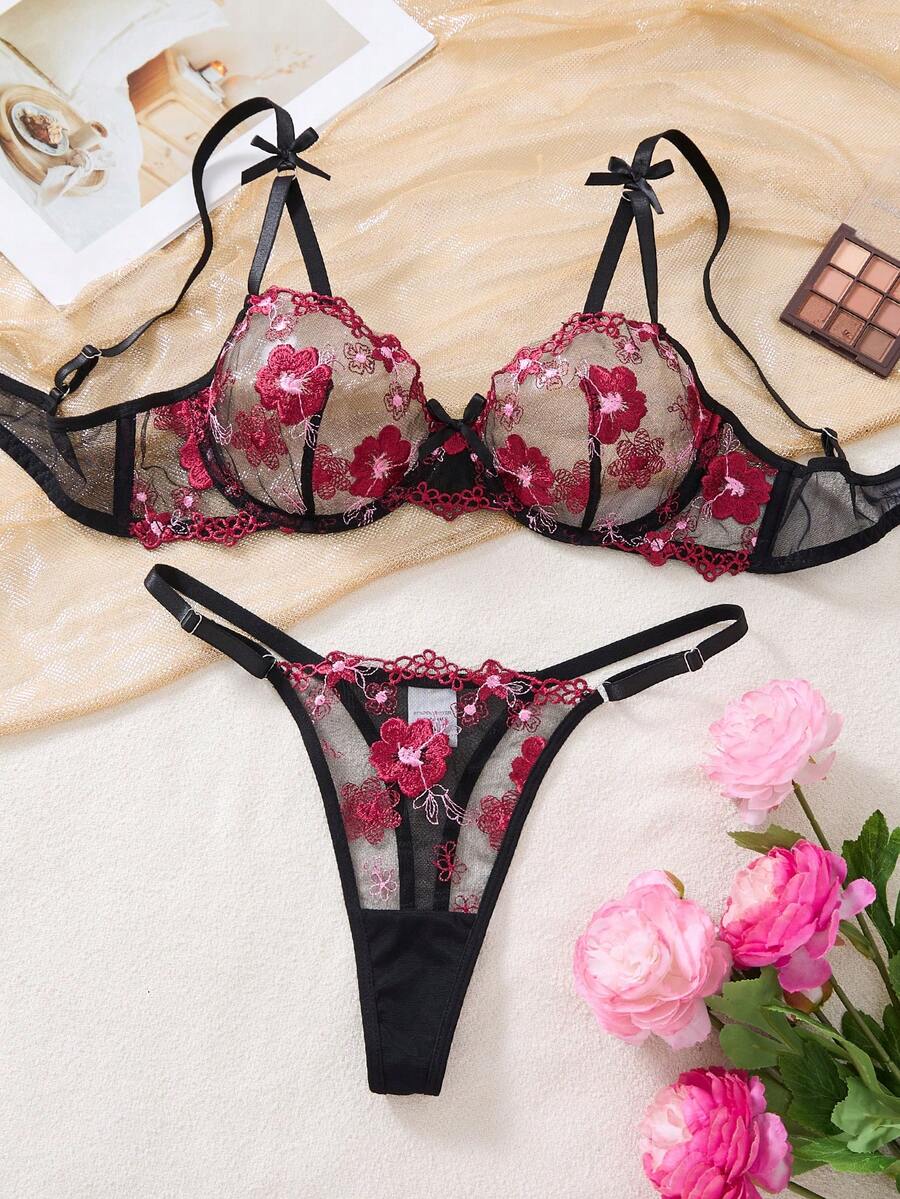2件套女士花卉刺绣薄纱钢圈文胸内裤套装，浪漫内衣，黑色 - 黑色 - 查看 1
