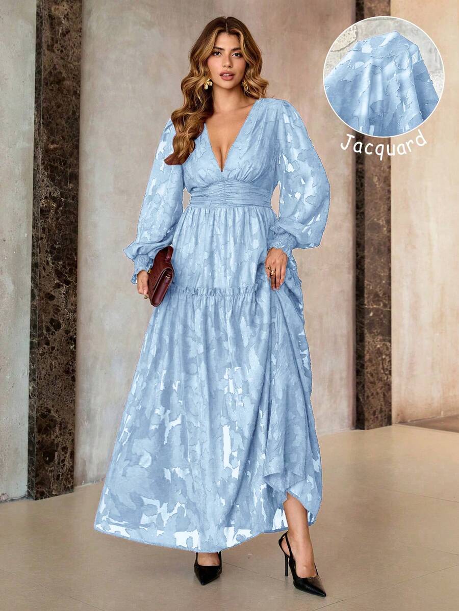 Roveilla 大码优雅法式提花V领褶皱连衣裙，派对装 - 藍色 - 查看 1