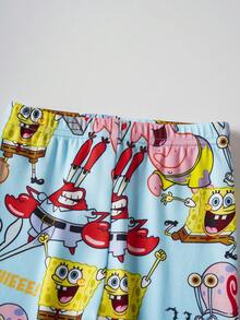 SpongeBob SquarePants | SHEIN 男婴卡通图案圆领长袖上衣和打底裤睡衣套装，秋季 - 藍色 - 查看 7