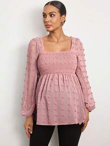 MaterniWear 孕妇纯色褶皱方领灯笼袖荷叶边下摆时尚衬衫 - 藕粉色 - 查看 4