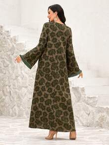 Al Najma Women's Arabic Style Dress With Flared Sleeves, Collar And Cuff Ruffle Trim, Spring/Summer - Green - View 2