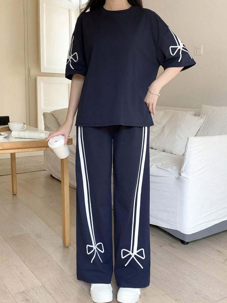 SHEIN 少女海军蓝针织纯色拼接丝带蝴蝶结设计宽松阔腿运动裤休闲运动套装 - 寶藍色 - 查看 1