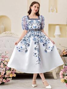 SHEIN Teen Girl White & Blue Floral Retro Print Robe,Middle Eastern/Arabic Style Elegant Summer Party Long Dress,Suitable For Vacation,Short Sleeve Dresses - Blue and White - View 6