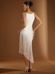 Hauture Women's Sexy Solid Color Cowl Drape Neck Fringe Asymmetrical Top - Apricot - View 2