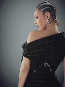 Denimoi Stacked Waist Off Shoulder Denim Mini Dress Fashionable Streetwear Denim Dress Statement Denim - Dark Wash - View 4