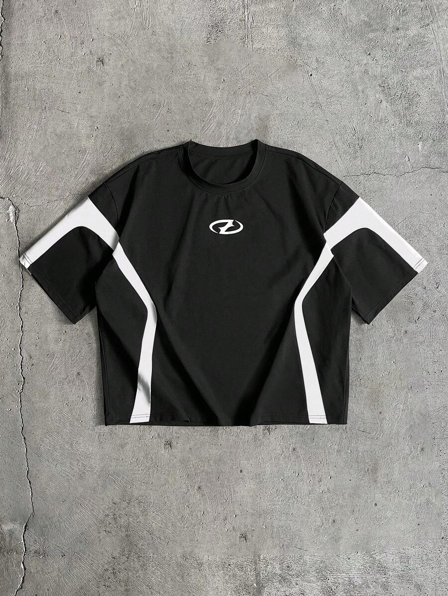 AXEPEAK Camiseta de manga corta de cuello redondo casual con contraste de color para hombres - Negro - Ver 1