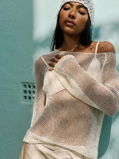 Opulessa Fashionable Light Apricot Thin Beaded Crew Neck Long Sleeve Sweater