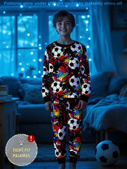 Snug Fit  Tween Boys Glow-In-The-Dark Football Print Pajama Set, Includes Crew Neck Graphic Top And Elastic Waist Snug Fit Pants, Comfortable Sleepwear Pajamas With Soccer Balls Tween Boys Pajamas-Pajama Set Crewneck Long Sleeve Top Soccer Print Pants Blue Paint Splash UV Glow All Season 2026 New Year Essential Tight-Fitting Pajamas