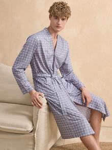 SHEIN 男士灰色格子印花浴袍一件 - 灰色 - 查看 6