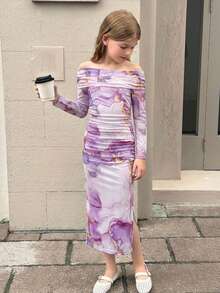 SHEIN Tween Girls Snug Fit Casual Minimalist Comfortable Off-Shoulder Cinched Waist Midi Dress