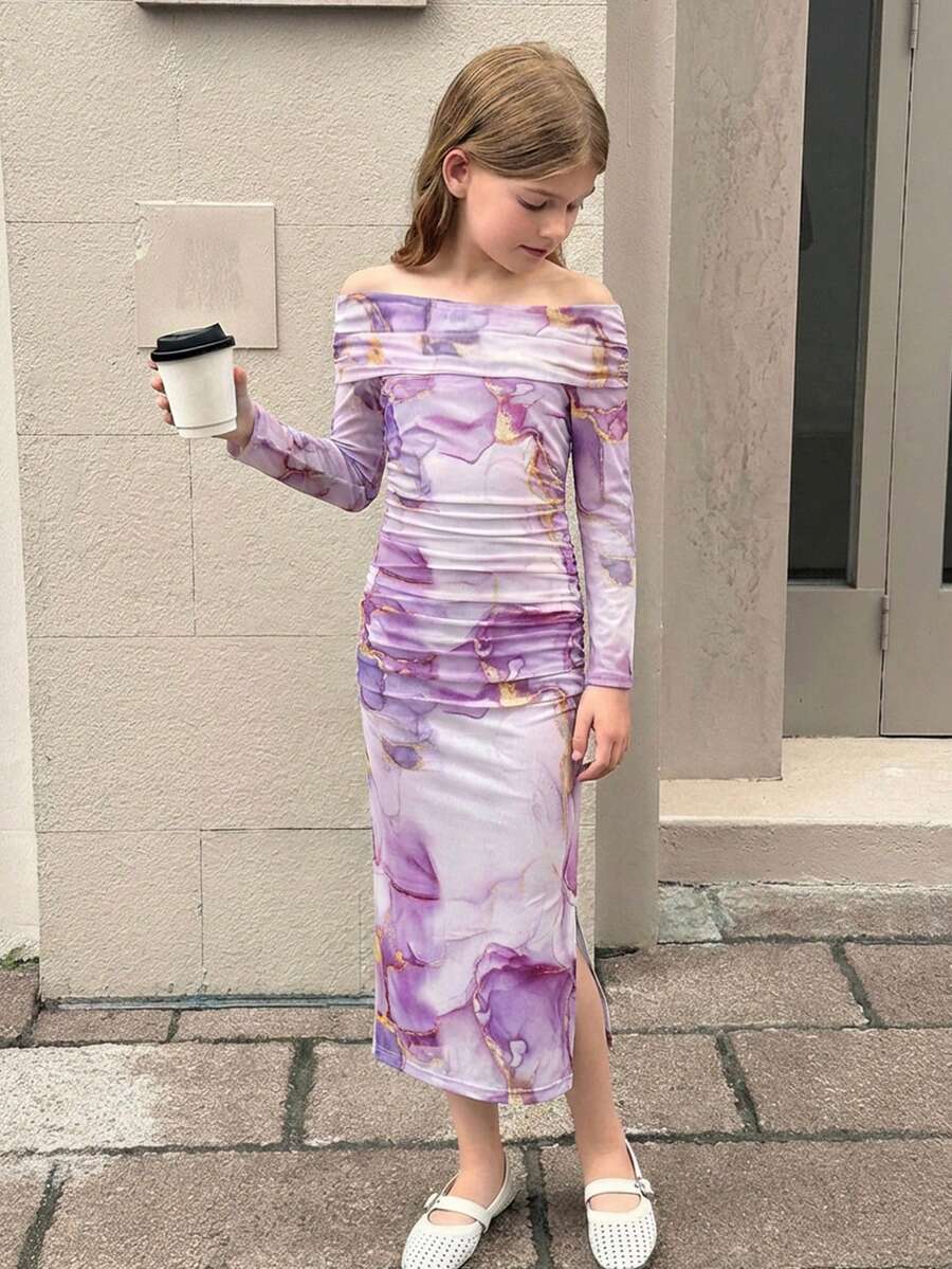 SHEIN Tween Girls Snug Fit Casual Minimalist Comfortable Off-Shoulder Cinched Waist Midi Dress