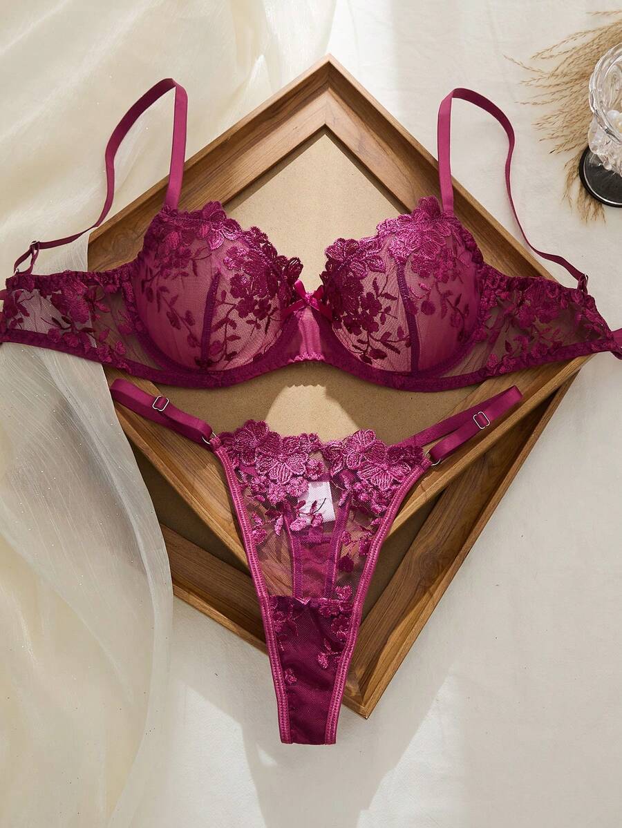 2pcs Mesh Embroidery Women's Lingerie Set - Red Violet - View 1