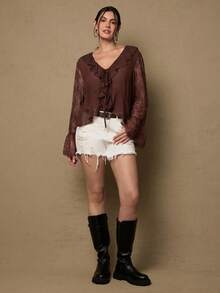 Freevana 大码波西米亚风棕色雪纺蕾丝拼接V领荷叶边系带喇叭袖衬衫，独特设计春季女式衬衫 - 棕色 - 查看 7