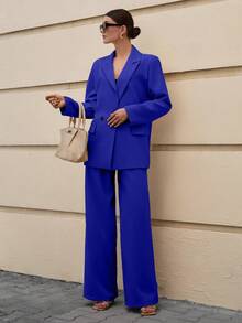 EURMUSE 女士纯色翻领长袖西装外套和长裤套装，休闲通勤夹克 - 寶藍色 - 查看 6