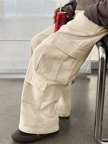 SHEIN Tween 男童休闲宽松直筒纯色工装裤，带口袋，适合通勤、上学、日常休闲、旅行、运动、春夏秋冬