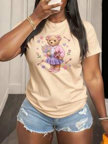 Camiseta de algodón con estampado de oso de peluche con flores y corazones para mujer estilo dulce y romántico ideal para San Valentín - Albaricoque - Ver 1
