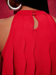 NYA SZN Dress Sleeveless Halter Neck Fringe Curly Detail Loose Fitted Bodycon Red Occasion Mini Length Outfits For Women - Burgundy - View 7