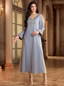 Al Najma Women's Elegant V-Neck Long Sleeve Foil Polka Dot Arabic Style Dress - Blue - View 3