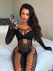 Women's Sexy Hollow Out Mesh Off-Shoulder Fingerless Gloves Tight Bodystocking - Black - View 1