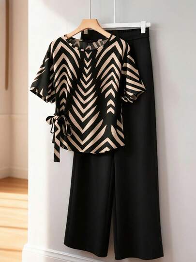 GlowEve CURVE Large-Sized Woven Printed Summer Two Pieces Set For Casual Vacation Blouse And Pants Set Pants And Top Set Elegant Blouses Black And White Blouse Japandi Style Clothing