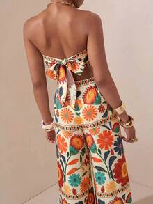 Zivah Floral Print Tie-Front Backless Crop Top And Wide Leg Pants Set, Vacation & Casual Carnival - Multicolor - View 2