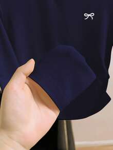 INAWLY 休闲蝴蝶结印花圆领长袖T恤 - 藏蓝色 - 查看 4