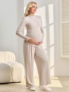 SHEIN 2pcs Maternity Ribbed Casual Comfortable Set - Khaki - View 5