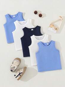 SHEIN 5件套休闲白色针织无袖背心，适合叠穿、外出、休闲穿着、旅行，适合6个月至3岁的男婴。