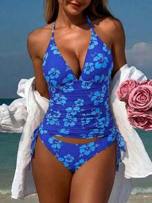 Swim Mod Women's Tropical Ditsy Floral Two Pieces Bikini Set, Casual Resort Wear - Multicolor - View 4