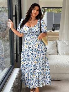 Vionelle 大码印花开衩下摆休闲短袖连衣裙 - 藍色 - 查看 3