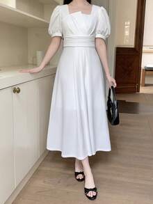 SHEIN Đầm midi dáng chữ A màu trắng xếp ly tay phồng, thắt eo dành cho thiếu nữ, thanh lịch cho các buổi đi chơi và kỳ nghỉ, mùa xuân/hè. - trắng - Xem 4