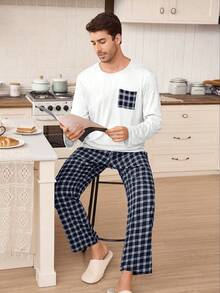 SHEIN Contrast Plaid Crew Neck Long Sleeve & Long Pants Men's Casual Pajama Set
