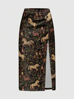 Sweetness Owl Palace Deer Woodland Style High Slit Women's Skirt