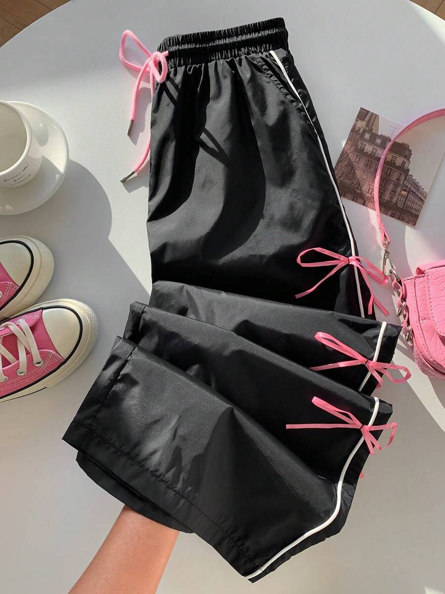 SHEIN EZwear Quần Nữ Có Trang Trí Nơ - màu đen - Xem 1