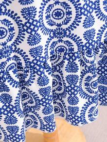 SHEIN 1pc Older Tween Girl' Summer Blue & White Geometric Print Stand Collar Mid-Length Flare Sleeve Ruffle Hem Casual Dress - Multicolor - View 6