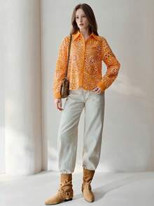 Frievida 女士衬衫，领口和下摆饰有精美的激光切割刺绣细节，欧式风格 - 橘色 - 查看 4