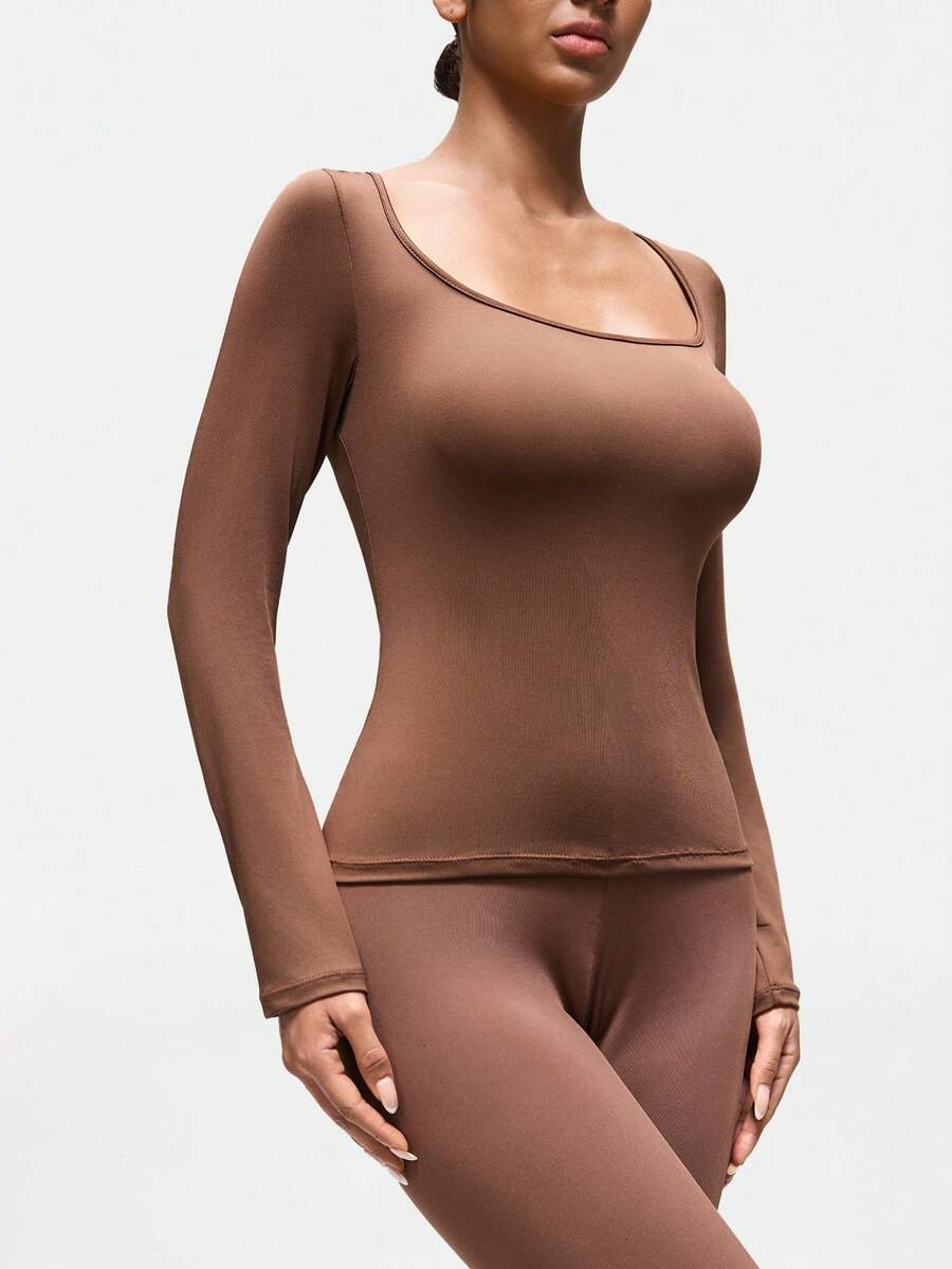 SHAPORA 女士性感圆领弹力休闲棕色上衣，家居服 - 咖啡棕 - 查看 1