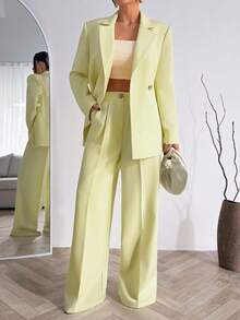 EURMUSE Women Blue And White Striped Detailed Blazer Jacket And Pant Suit Sets - Light Yellow - View 1