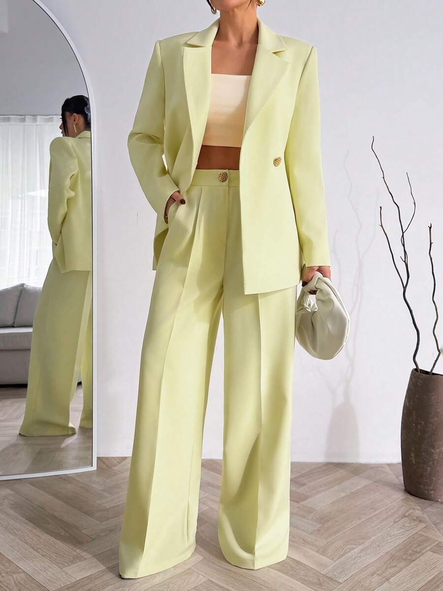 EURMUSE Women Blue And White Striped Detailed Blazer Jacket And Pant Suit Sets - Light Yellow - View 1